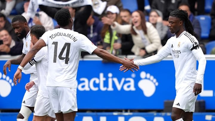 Eduardo Camavinga celebrating his goal with Aurelien Tchouameni